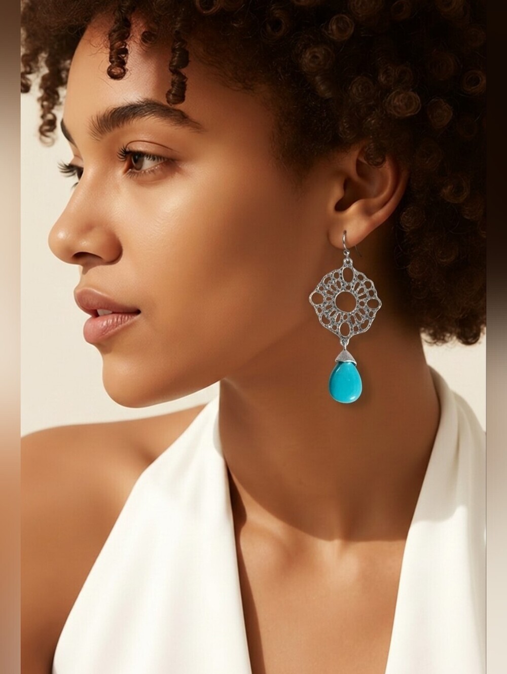 NWT Pure For Nadine West Elegant Silver Cutout Faux Turquoise Drop Earrings ~2"